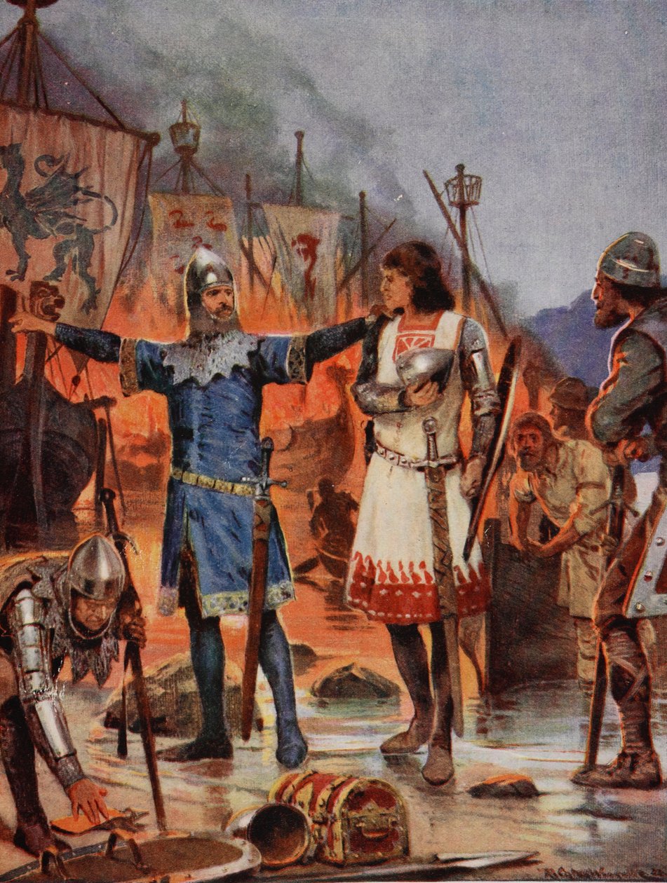 FitzStephen queima seus barcos, 1169, ilustração da "História da nação britânica" de Hutchinson, c.1923 de Richard Caton Woodville junior