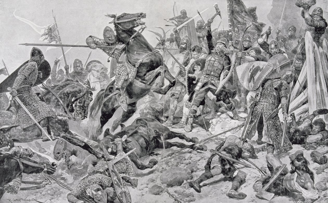 Harold&39;s (c.1022-66) Last Stand, ilustração de "Batalhas Britânicas em Terra e Mar", editado por Sir Evelyn Wood (1838-1919) publicado pela primeira vez em 1915 de Richard Caton Woodville junior