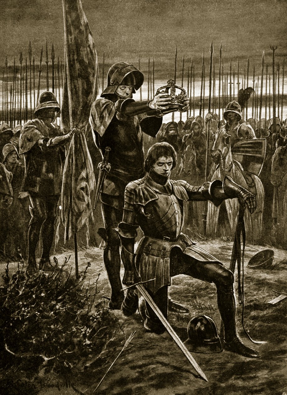 Henrique VII coroado em Bosworth, ilustração da "História da nação britânica" de Hutchinson, c.1923 de Richard Caton Woodville junior