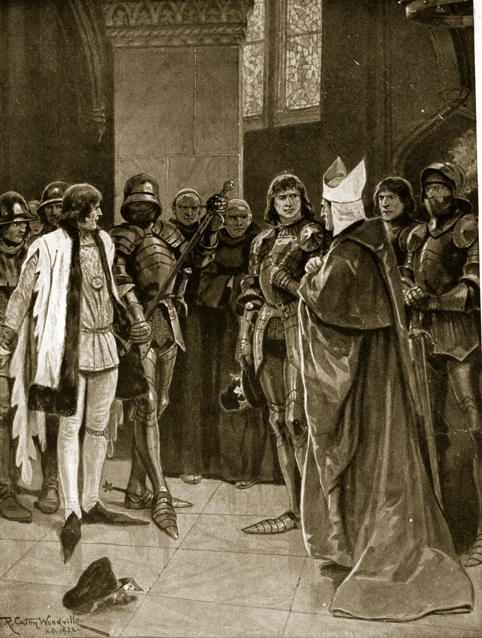 Henrique VI é entregue a Eduardo IV em St. Paul&39;s, 1401, ilustração da "Hutchinson&39;s Story ofthe British Nation", c.1923 de Richard Caton Woodville junior