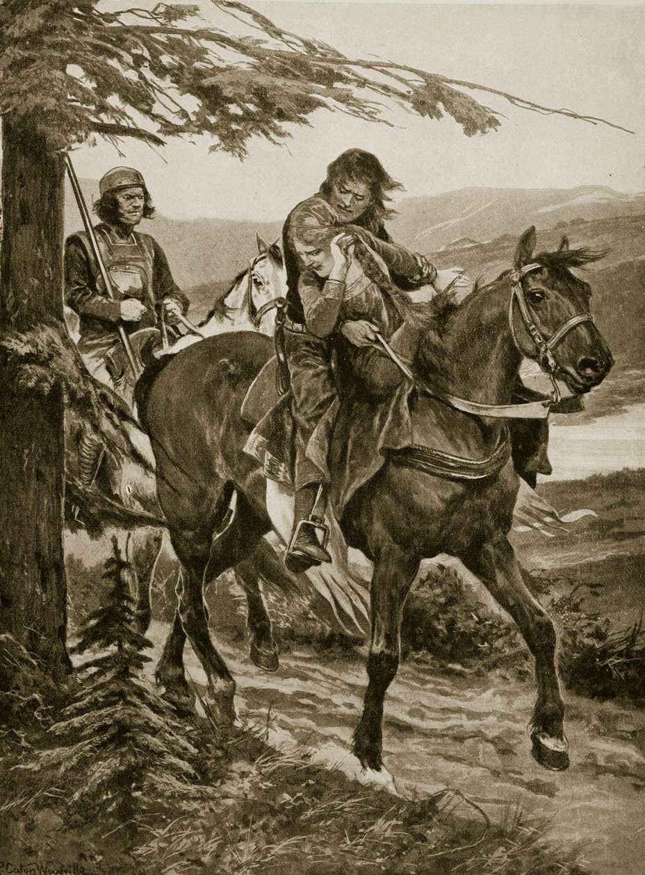 Rei Dermot carrega de Devorgil, ilustração da "História da Nação Britânica" de Hutchinson, c.1920 de Richard Caton Woodville junior