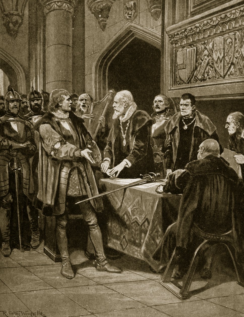 Lorde Thomas Fitzgerald joga sua espada, ilustração da "Hutchinson&39;s Story ofthe British Nation", c.1923 de Richard Caton Woodville junior