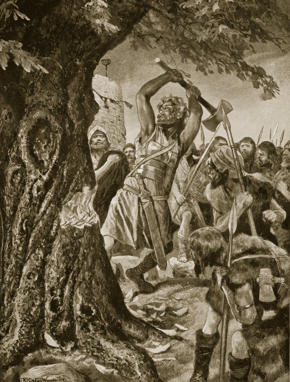 Malachy derrubando a árvore da coroação de Munster em 982, ilustração da "História da nação britânica" de Hutchinson, c.1923 de Richard Caton Woodville junior