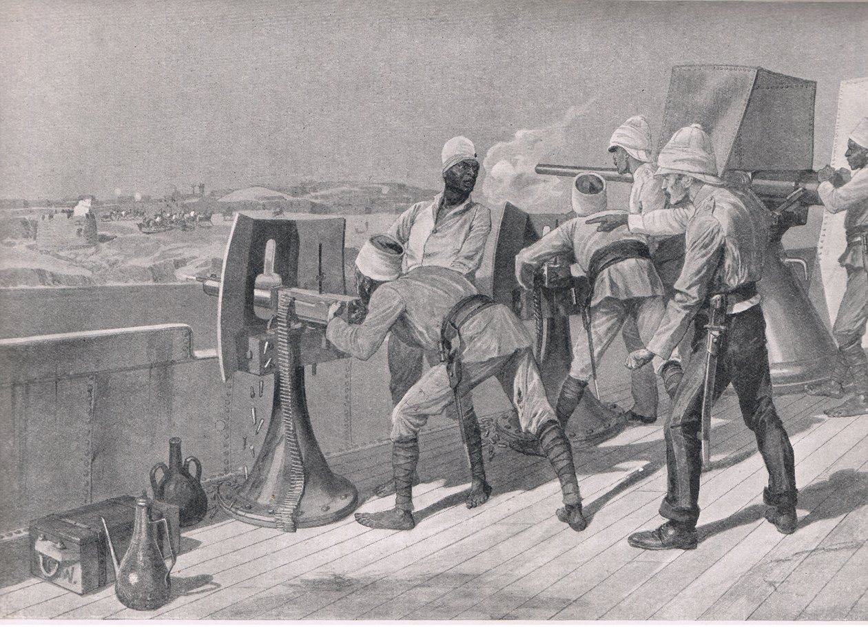 No caminho até o Nilo: Atirando nos Dervixes, ilustração das Batalhas Britânicas na Terra e no Mar, 1915 de Richard Caton Woodville junior