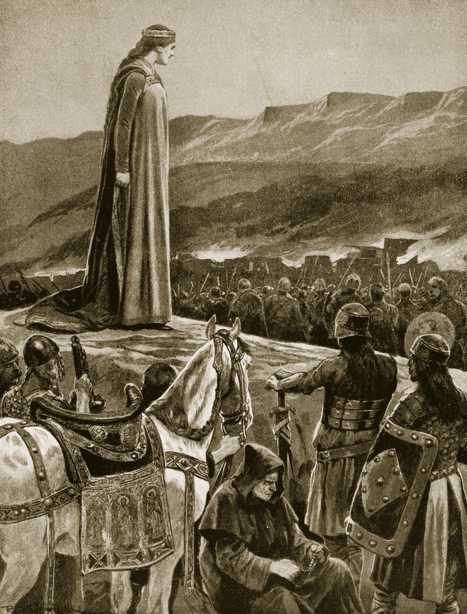 Rainha Ethelfled assistindo a tomada de Brecon, ilustração de "Hutchinson da história da nação britânica", c.1920 de Richard Caton Woodville junior