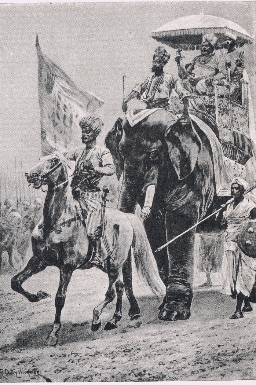 Suraj-ud-Daula em Plessey, 23 de junho de 1757, ilustração das Batalhas Britânicas na Terra e no Mar, 1915 de Richard Caton Woodville junior