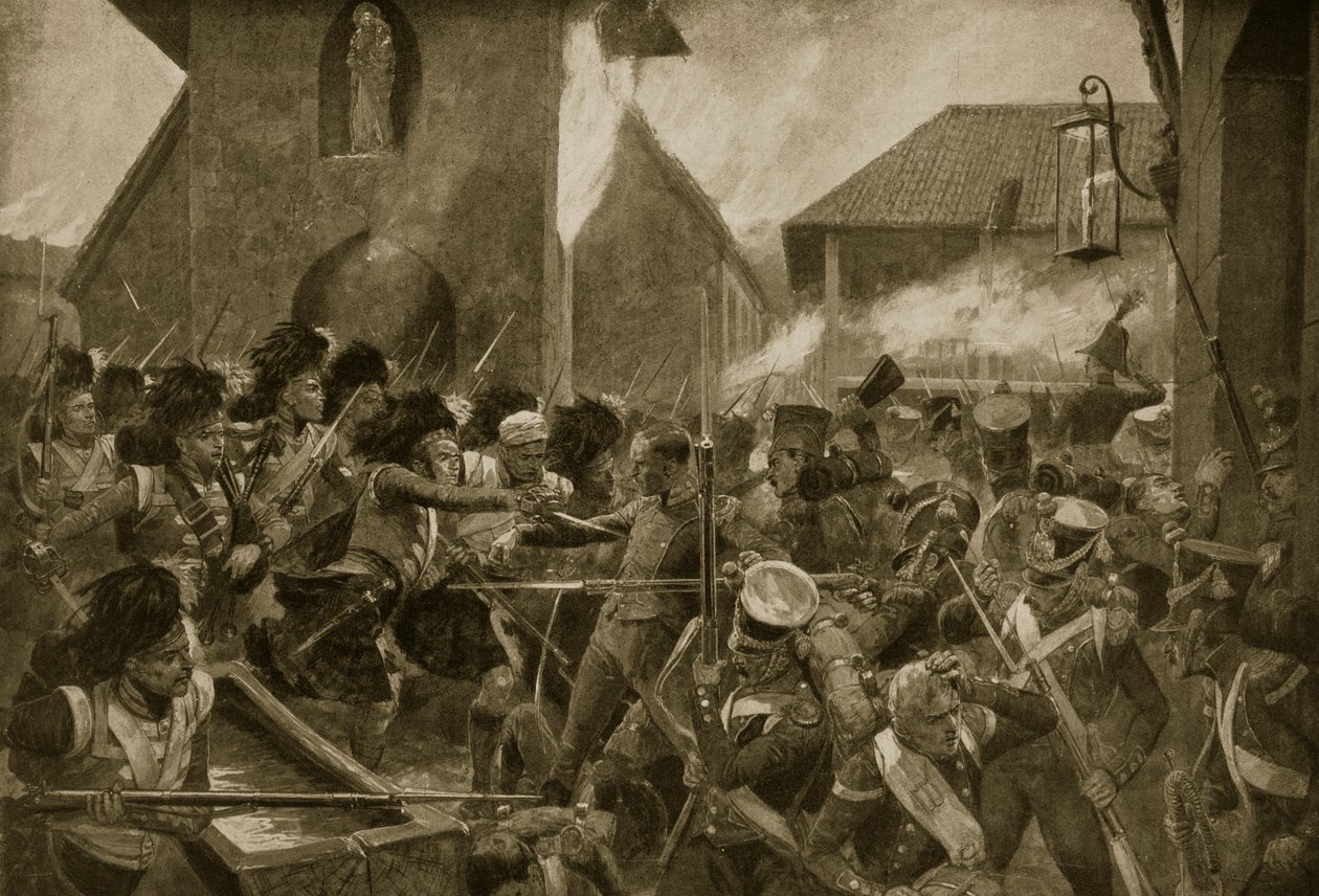 Os 42 Highlanders na Corunha, ilustração da "História da Nação Britânica" de Hutchinson, c.1923 de Richard Caton Woodville junior
