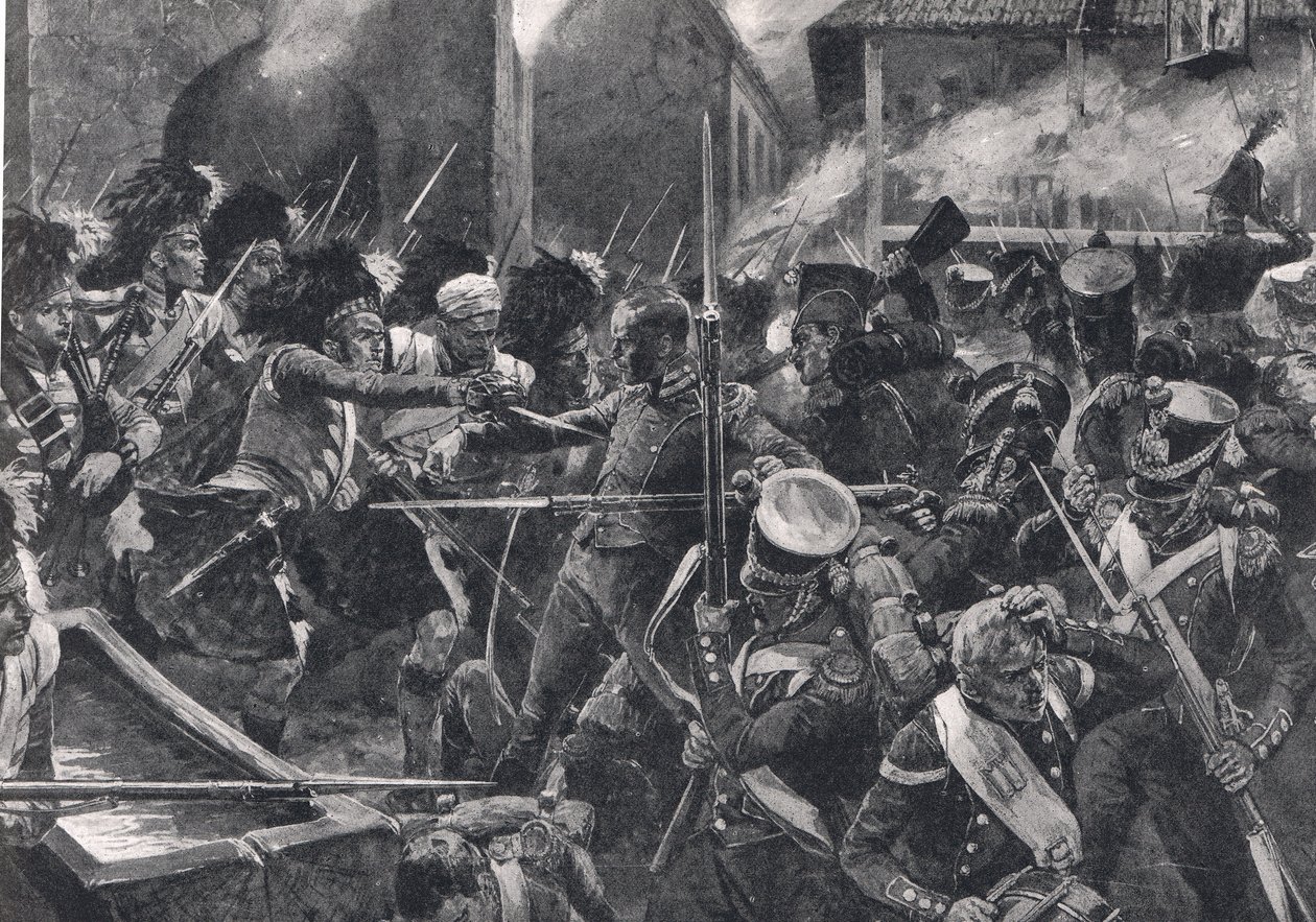 Os 42 Highlanders expulsando os franceses de Elvina, ilustração de "Batalhas Britânicas na Terra e no Mar", publicada por Cassell, Londres, c.1910 de Richard Caton Woodville junior