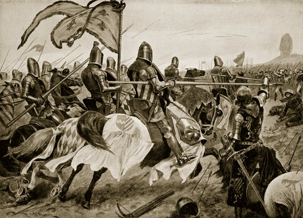 A Batalha de Crecy, 26 de agosto de 1346, ilustração da "Hutchinson&39;s Story ofthe British Nation", c.1923 de Richard Caton Woodville junior