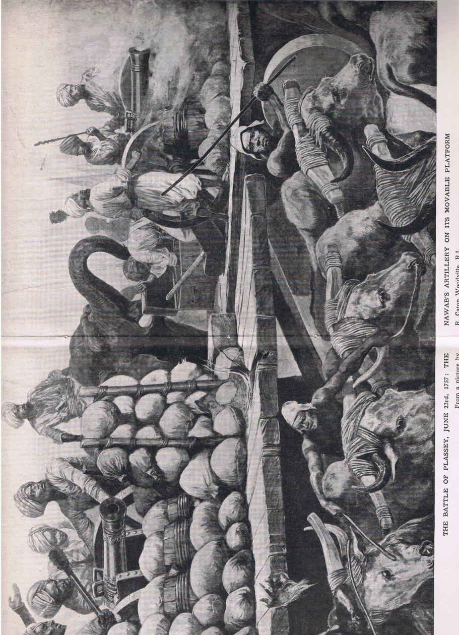 A Batalha de Plessey 23 de junho de 1757: A artilharia de Nawabs em sua plataforma móvel, ilustração das batalhas britânicas na terra e no mar, 1915 de Richard Caton Woodville junior