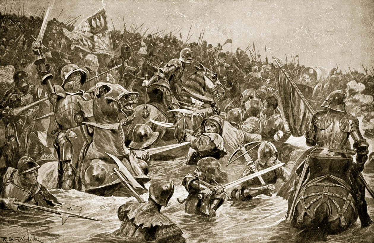 A Batalha de Towton, ilustração da "História da Nação Britânica" de Hutchinson, c.1923 de Richard Caton Woodville junior
