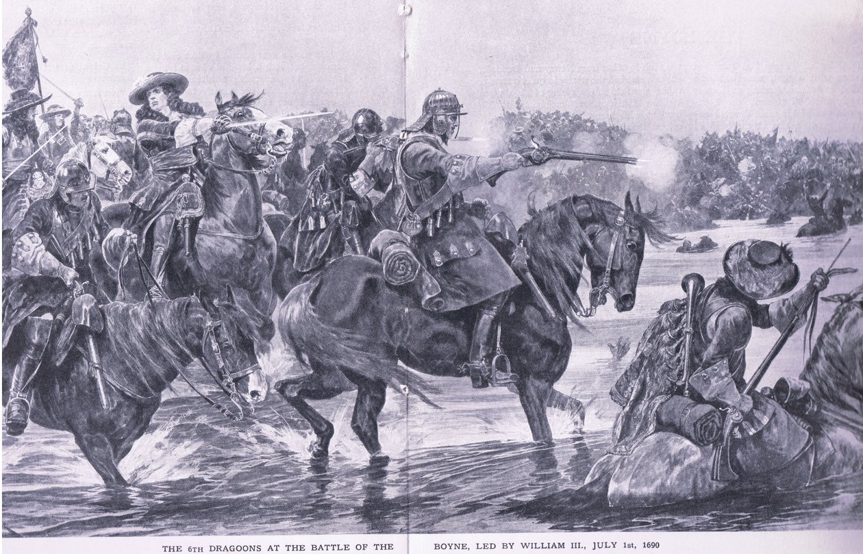 A batalha do Boyne 1 de julho de 1690, ilustração de batalhas britânicas em terra e mar, 1915 de Richard Caton Woodville junior