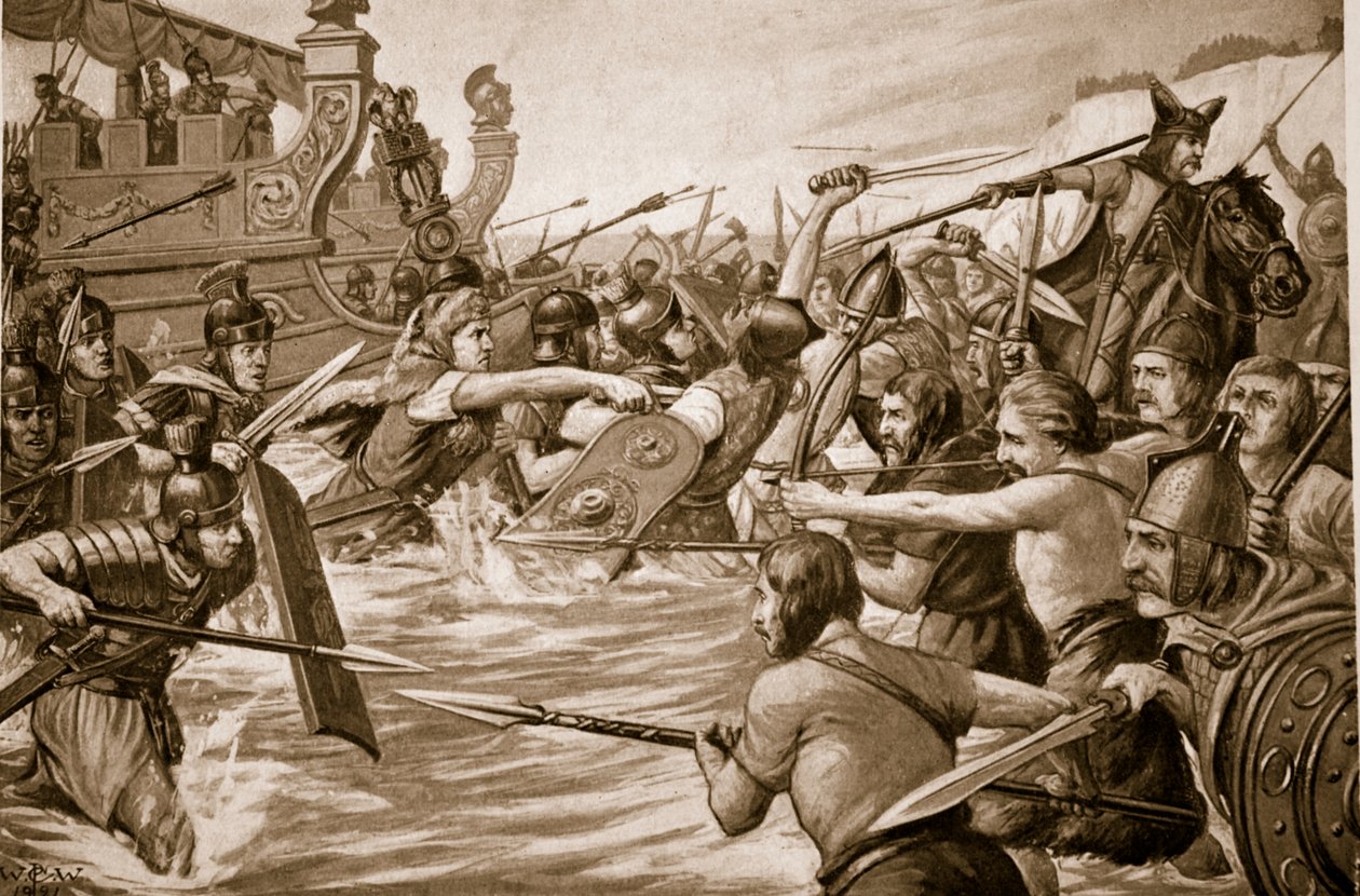 O desembarque de Júlio César, ilustração da "História da nação britânica" de Hutchison, c.1920 de Richard Caton Woodville junior