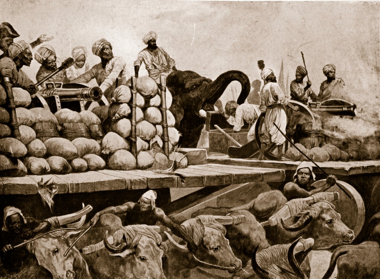 A artilharia do Nawab em Plassey, ilustração da "História da nação britânica" de Hutchinson, c.1923 de Richard Caton Woodville junior