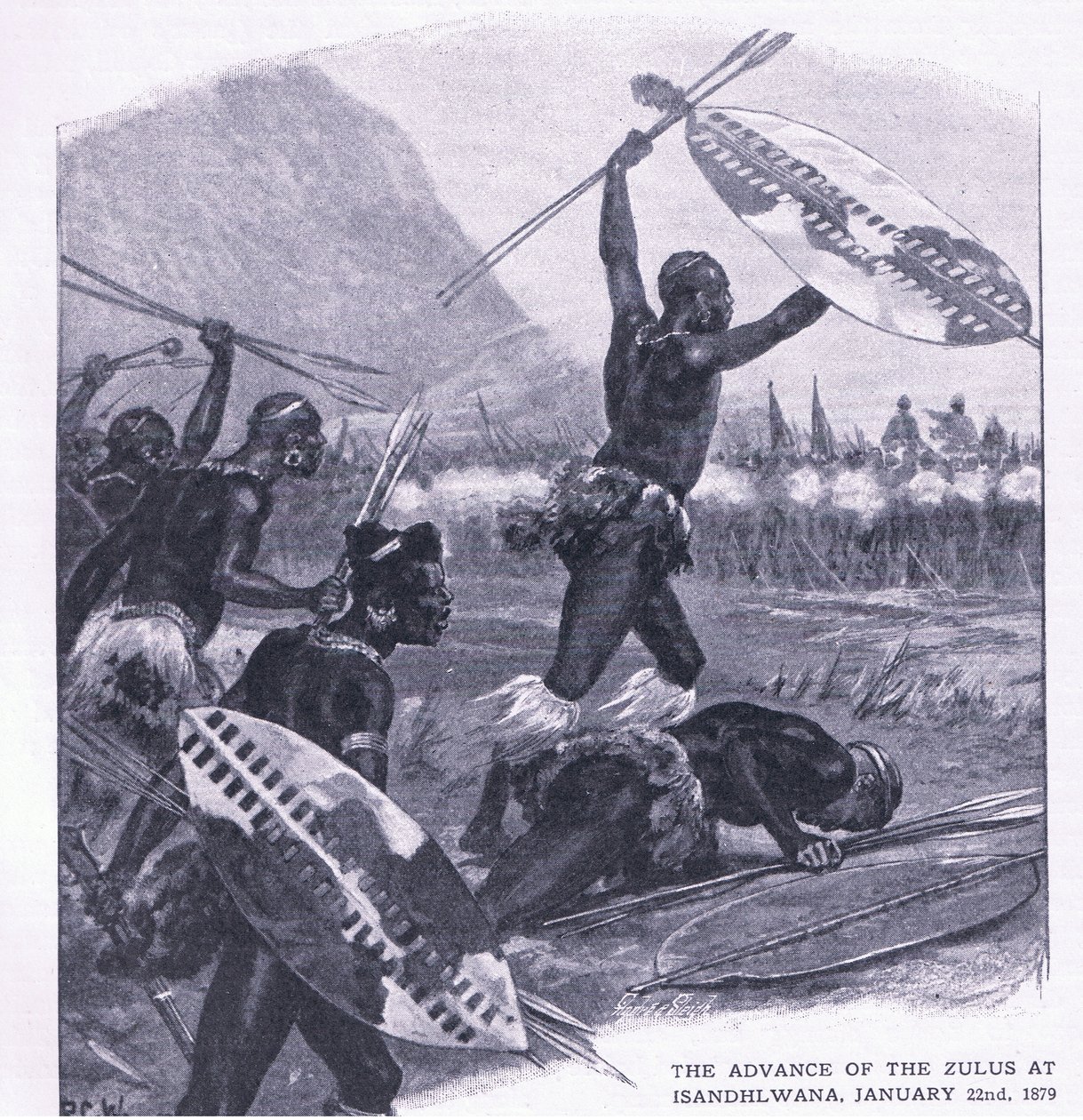 O avanço dos zulus em Isandhlwana 22 de janeiro de 1879, ilustração das batalhas britânicas em terra e mar, 1915 de Richard Caton Woodville junior