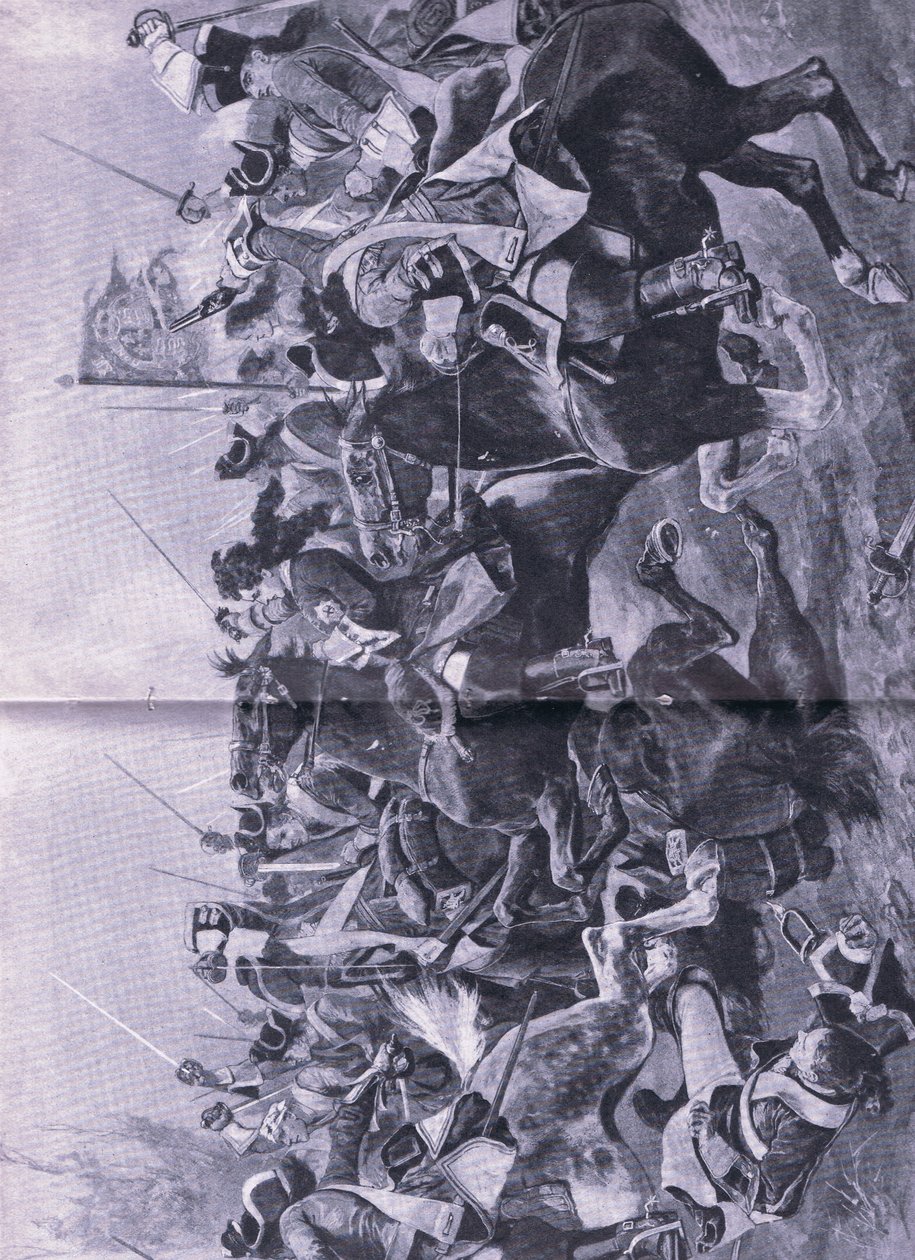 O conflito de cavalaria na Batalha de Ramilles, 3 de maio de 1706, ilustração das Batalhas Britânicas na Terra e no Mar, 1915 de Richard Caton Woodville junior