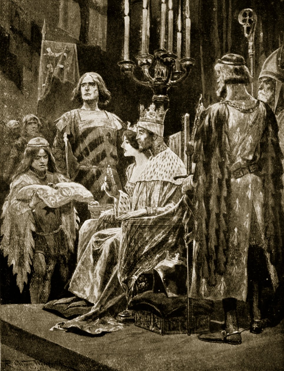 A coroação de Edward II, 1308, ilustração da "Hutchinson&39;s Story ofthe British Nation", c.1920 de Richard Caton Woodville junior