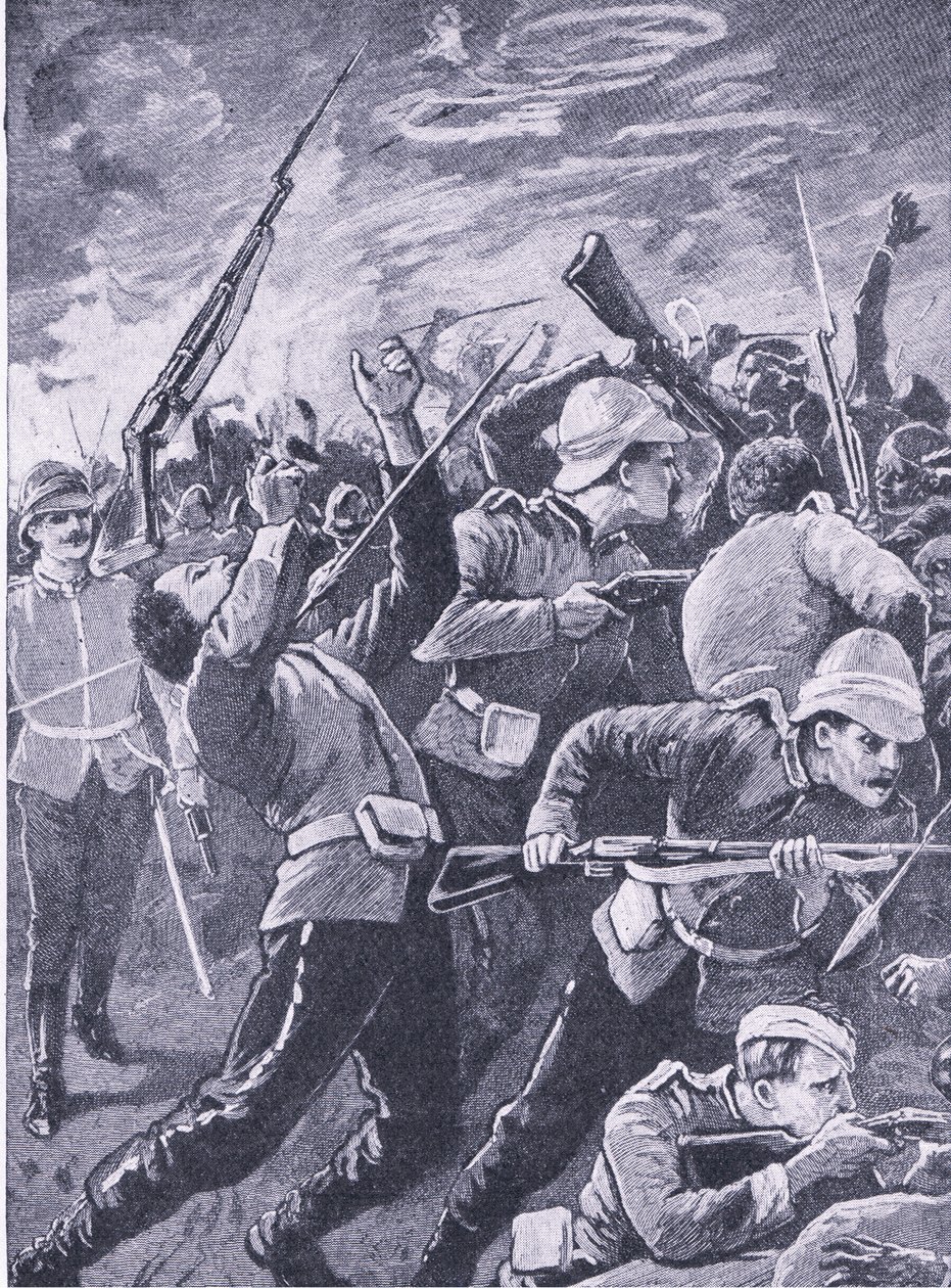 A defesa de Rorkes Drift, ilustração das batalhas britânicas em terra e mar, 1915 de Richard Caton Woodville junior