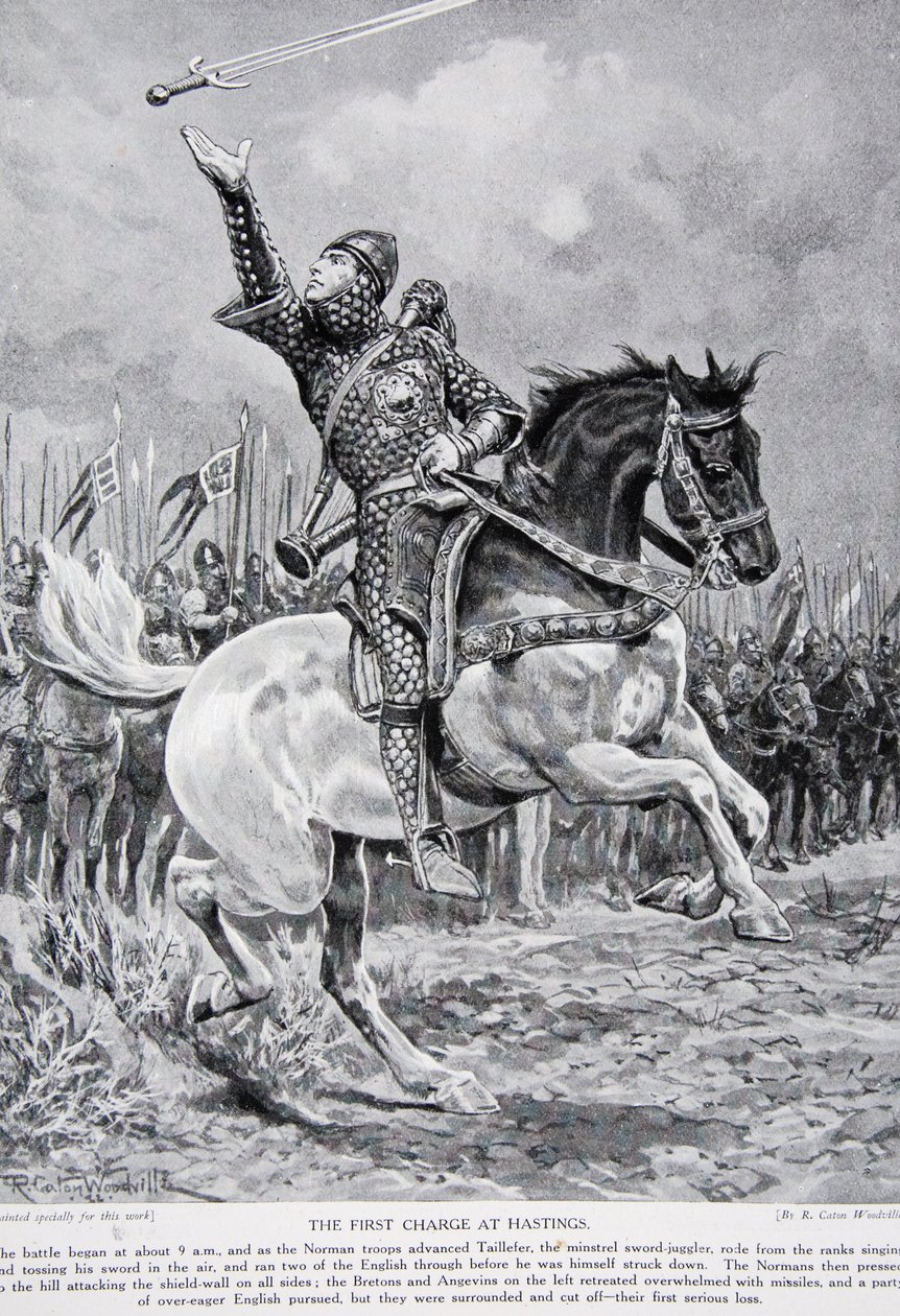 A primeira acusação em Hastings: Taillefer, o malabarista de espadas de menestrel, cavalgou das fileiras cantando e jogando sua espada para o alto, 1066, ilustração da "História da Nação Britânica" de Hutchinson, c.1 de Richard Caton Woodville junior