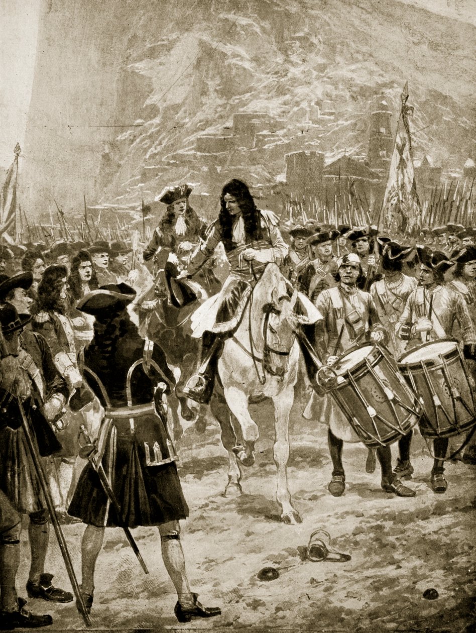 A rendição de Gibralter ao inglês, 24 de julho de 1704, ilustração da "História da nação britânica" de Hutchinson, c.1923 de Richard Caton Woodville junior