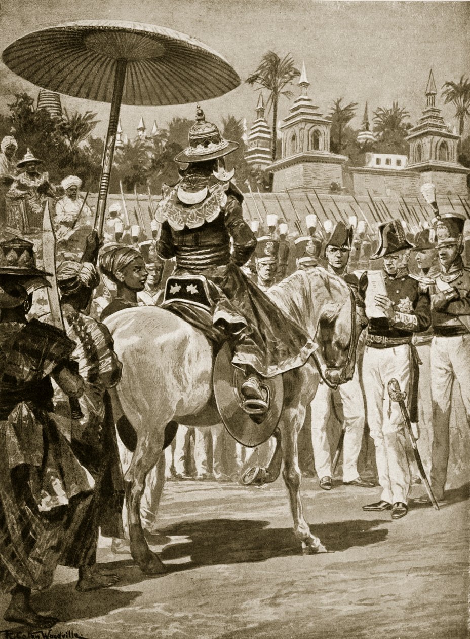 A rendição de Rangoon aos britânicos, em 1824, ilustração da "Hutchinson&39;s Story ofthe British Nation", c.1923 de Richard Caton Woodville junior