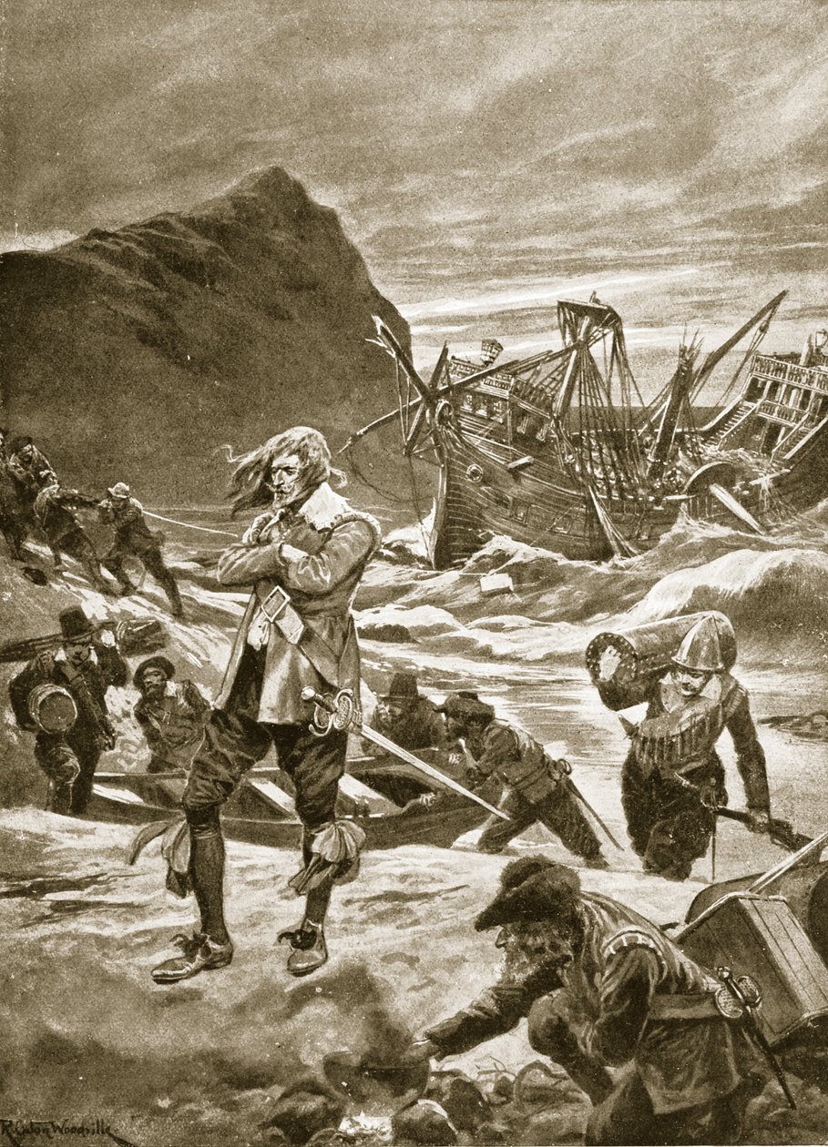 Destruído nas Bermudas, 1609, ilustração da "História da Nação Britânica" de Hutchinson, c.1923 de Richard Caton Woodville junior