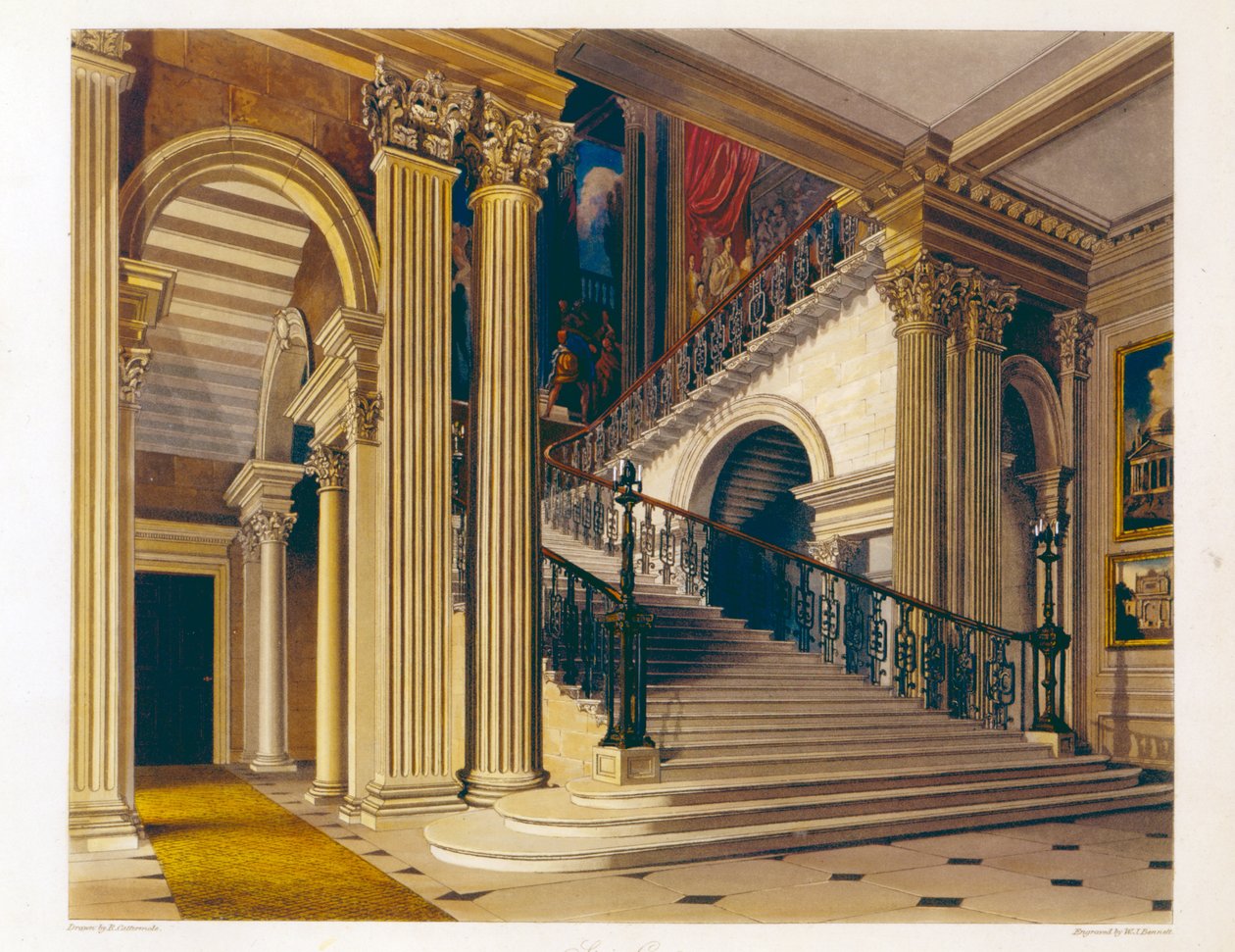 Caso de escada, Buckingham House, de "A história das residências reais", gravada por William James Bennett (1787-1844), por William Henry Pyne (1769-1843), 1819 de Richard Cattermole