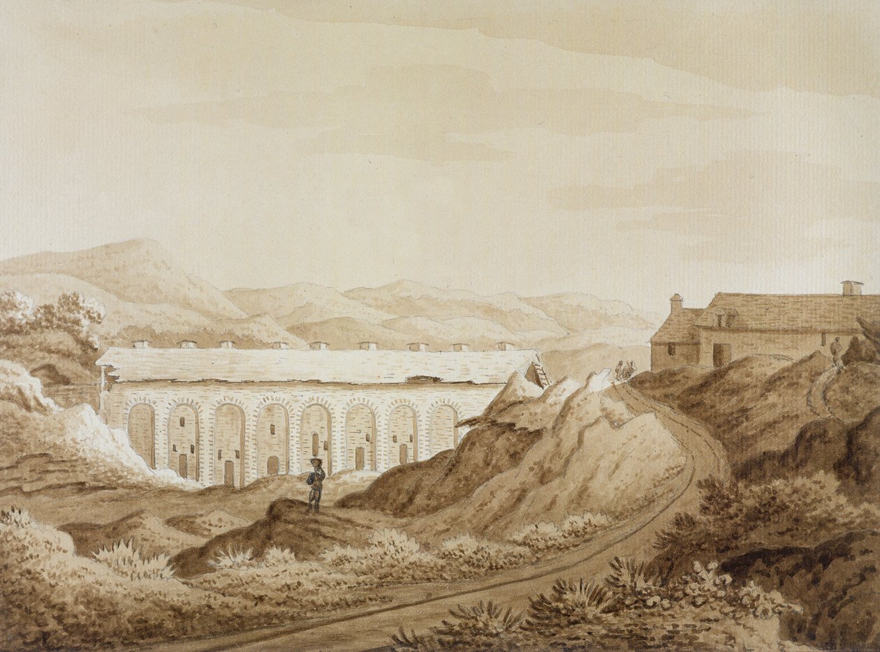 Blaenavon, de &39;Um passeio histórico em Monmouthshire&39; por William Coxe, publicado em 1801 (caneta e tinta marrom e marrom lavado em grafite sobre papel) de Richard Colt Hoare