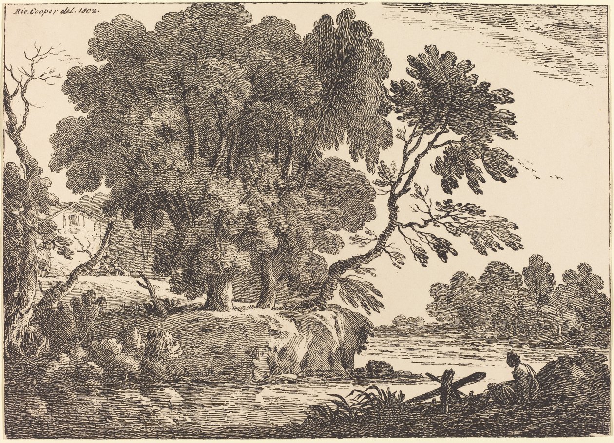 Paisagem com grupo de árvores cercadas por água de Richard Cooper II