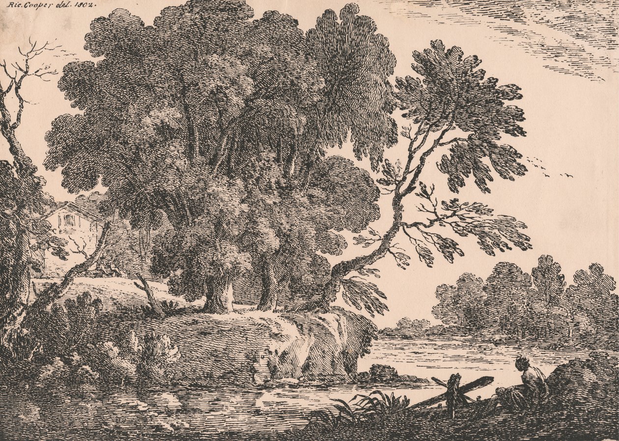 Paisagem com grupo de árvores rodeadas de água, casa de campo à esquerda, mulher sentada em primeiro plano à direita de Richard Cooper the Elder