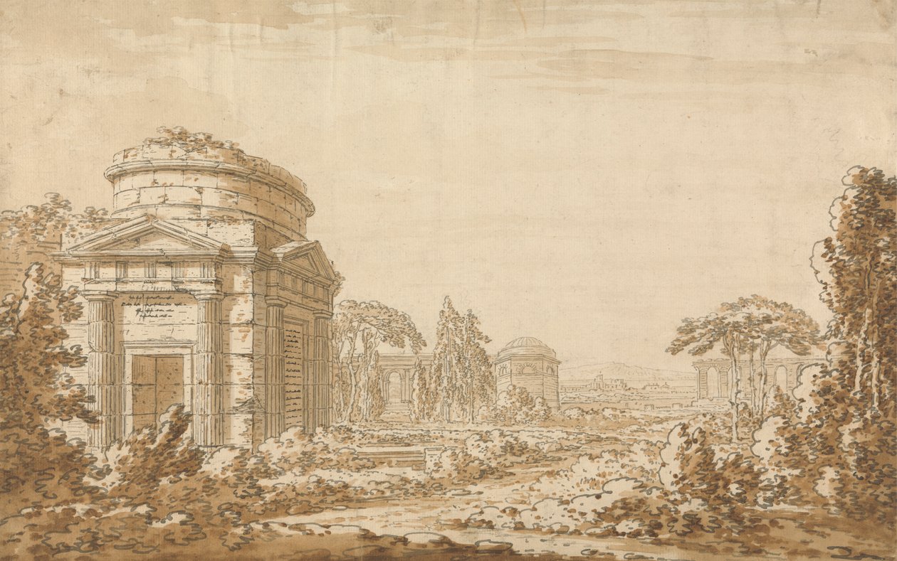 Paisagem clássica italiana com templos e um aquaduto em ruínas de Richard Cooper the Younger