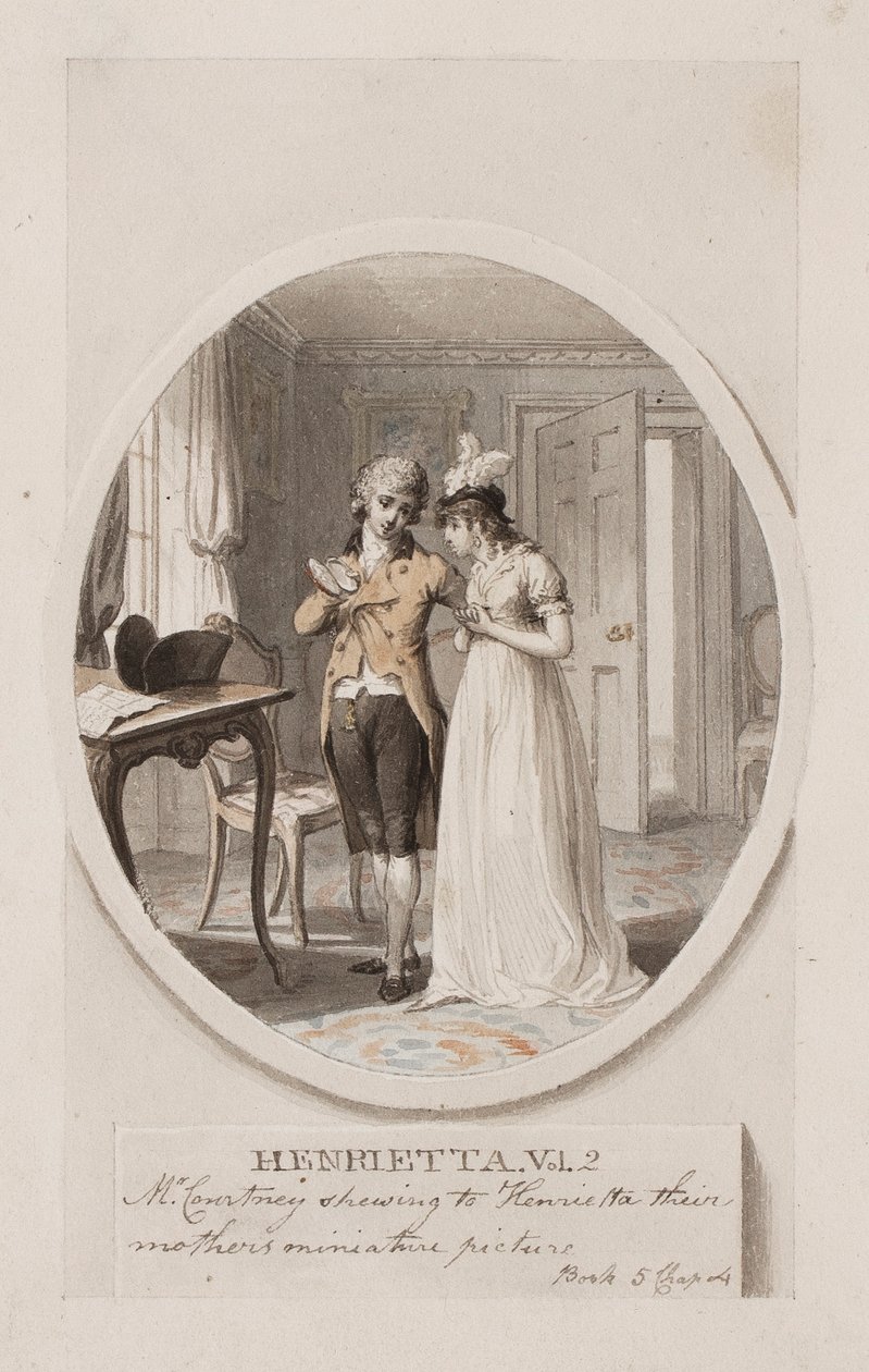 O Sr. Courtney mostrando a Henrietta o retrato em miniatura de sua mãe, Livro 5, Capítulo 4, ilustração de uma edição de 1798 de "Henrietta", de Charlotte Lennox, c.1798 (lápis e wc no papel) de Richard Corbould