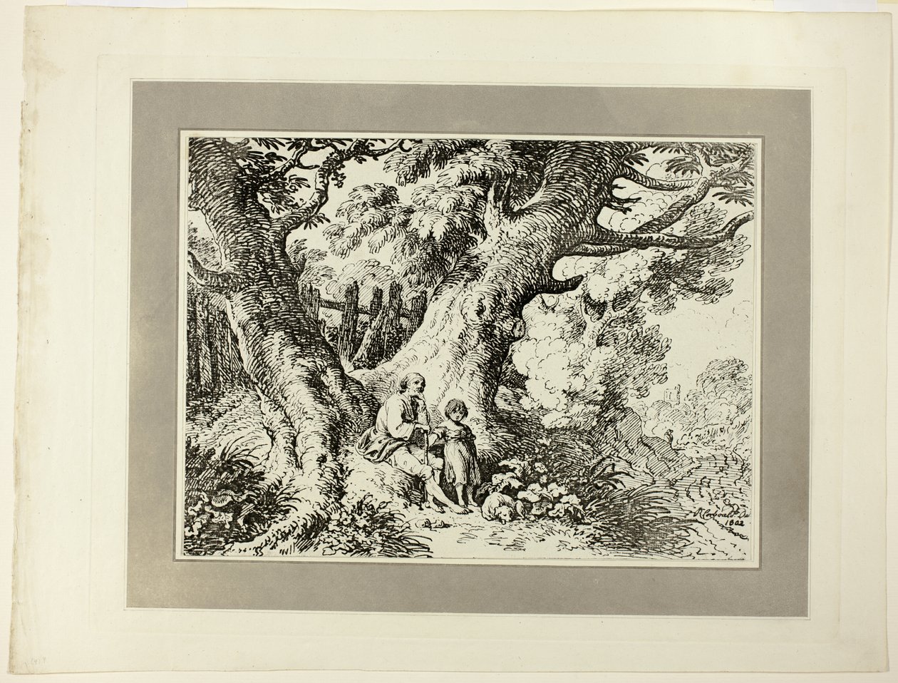 Árvores velhas com um homem velho, uma menina e um cachorro, da primeira edição de Specimen of Polyautography de Richard Corbould