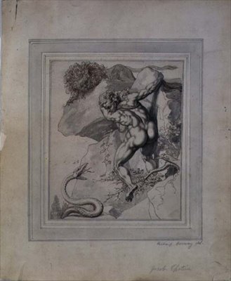 Um homem preso entre um leão e uma serpente, c.1790 (caneta e tinta marrom, lavagem cinza sobre papel) de Richard Cosway