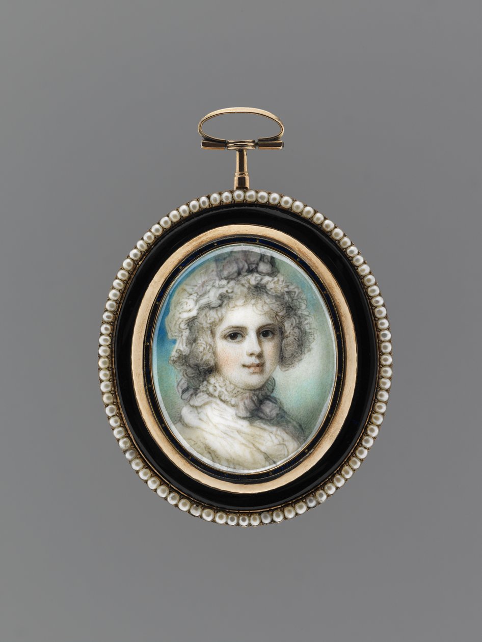Retrato de uma Mulher, c.1785 (aquarela em marfim, ouro rosa 9k, pérolas de sementes, esmalte e vidro) de Richard Cosway