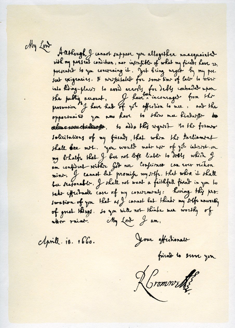 Carta de Richard Cromwell, lorde protetor, ao general George Monck, em 18 de abril de 1660. de Richard Cromwell