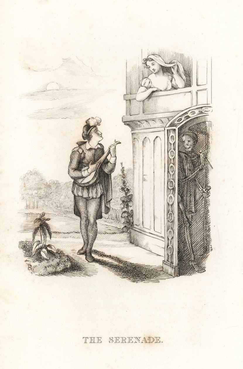 O esqueleto da Morte e um menestrel. ,1827 (gravura) de Richard Dagley