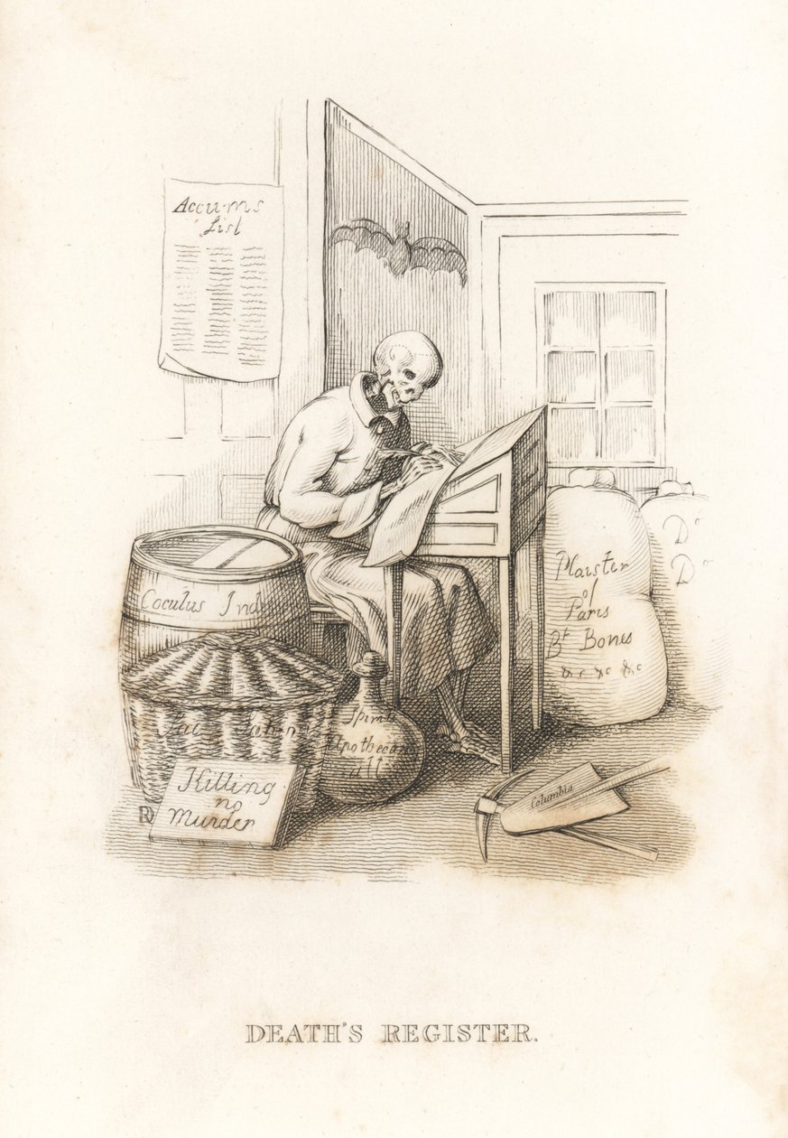 O esqueleto da Morte e seu livro-caixa. ,1827 (gravura) de Richard Dagley