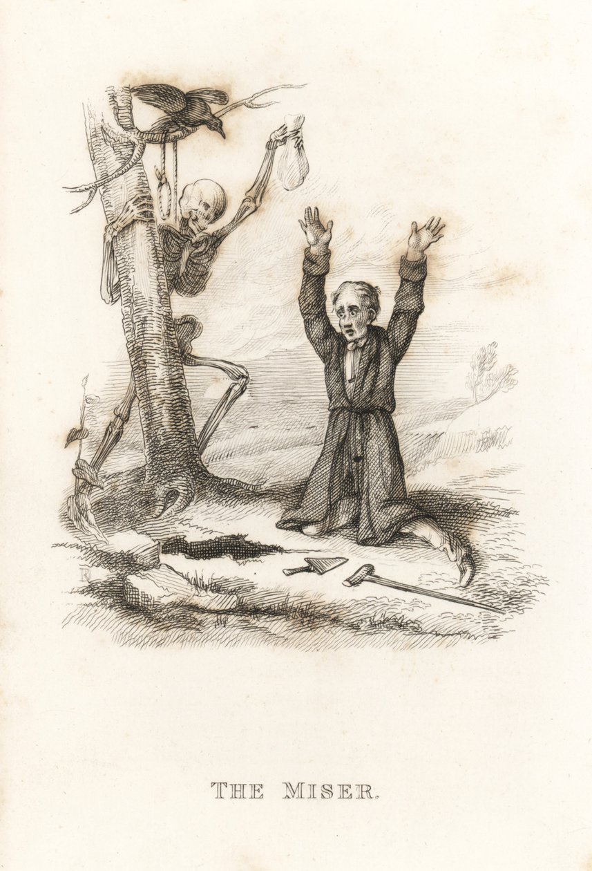 O esqueleto da Morte e o avarento. ,1827 (gravura) de Richard Dagley
