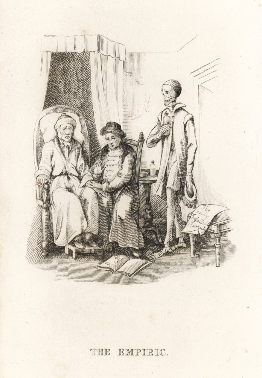 O esqueleto da Morte e o médico charlatão. ,1827 (gravura) de Richard Dagley