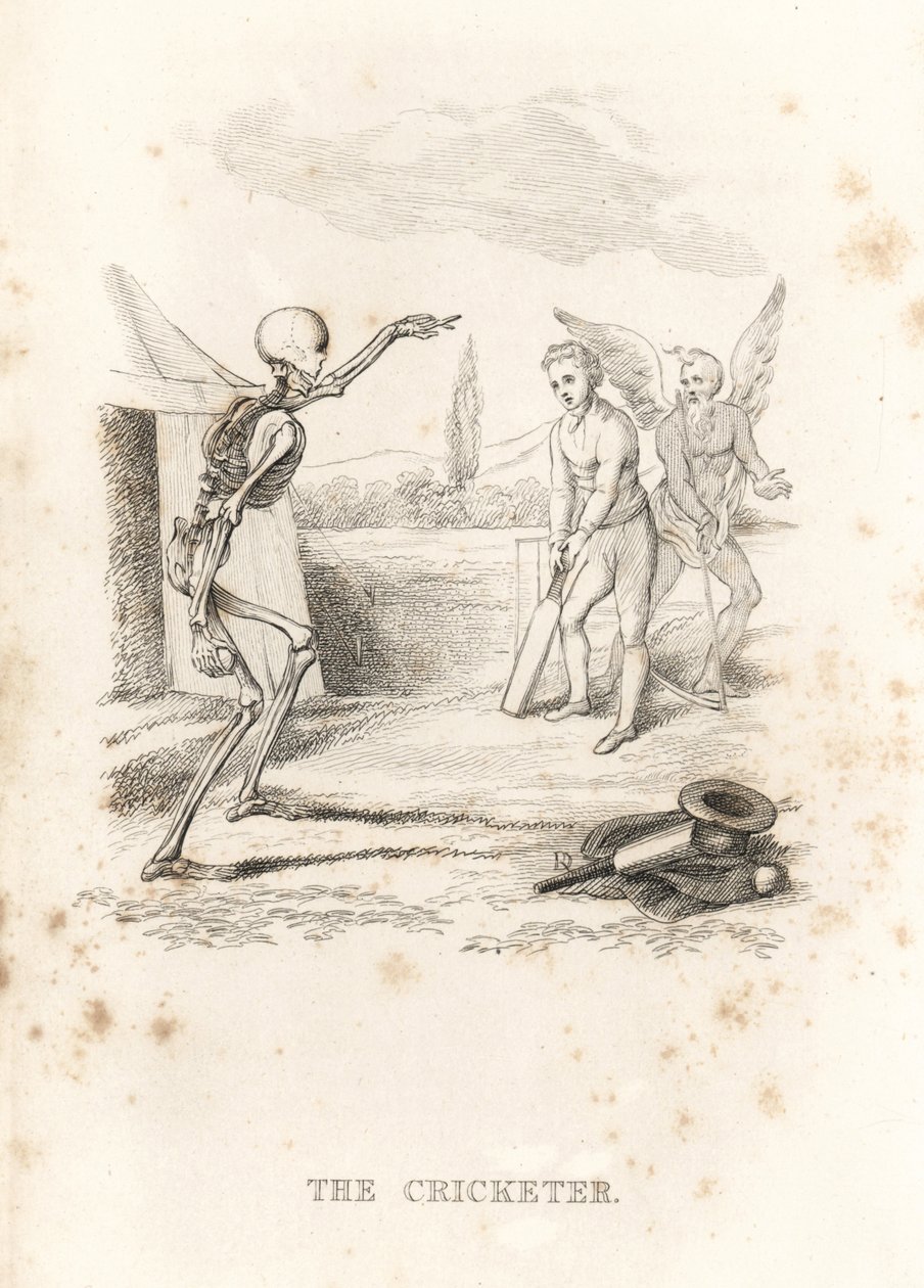O esqueleto da Morte joga uma bola em um jogador de críquete no bastão., 1827 (gravura) de Richard Dagley