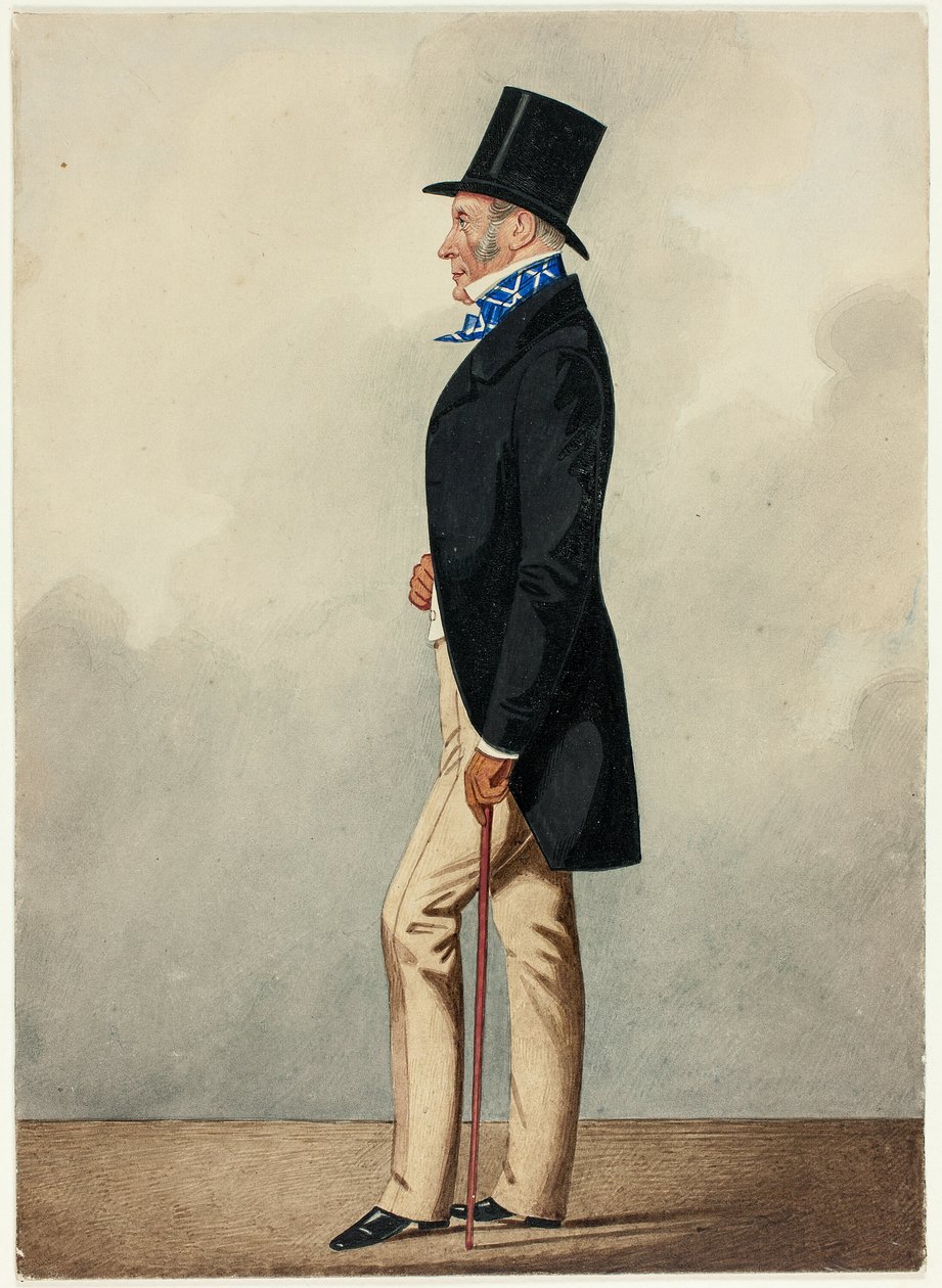 Retrato de homem de casaco preto e gravata azul e branca de Richard Dighton