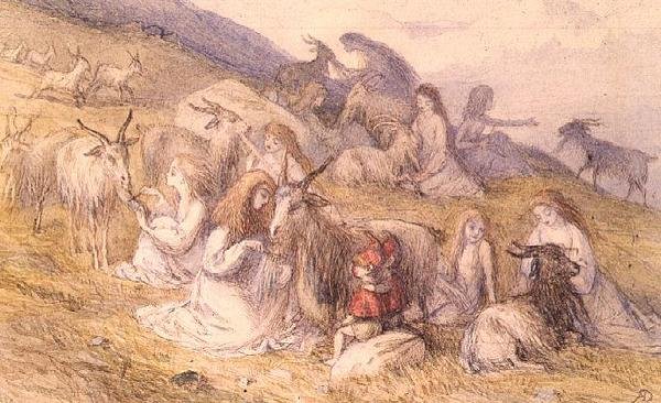 Raparigas a pentear barbas de cabras (aguarela e caneta e tinta castanha) de Richard Doyle