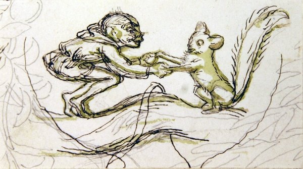 Goblin e Esquilo (caneta, lápis e lavagem em papel) de Richard Doyle