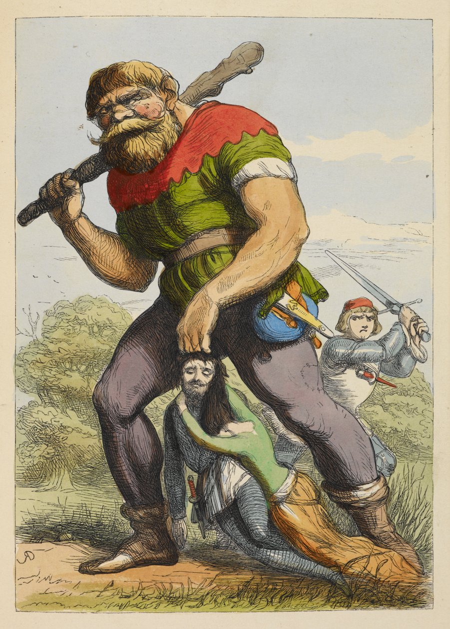 Jack se aproximando de um gigante por trás. O gigante está arrastando um cavaleiro da távola redonda, pelos cabelos. Uma senhora segura o cavaleiro. Ilustração colorida em um livro infantil. de Richard Doyle