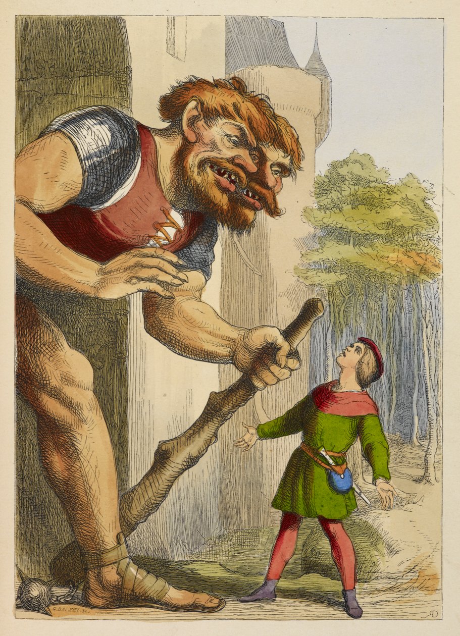 Jack a olhar para um gigante que tem duas cabeças. O gigante é galês. Ilustração a cores num livro infantil. de Richard Doyle