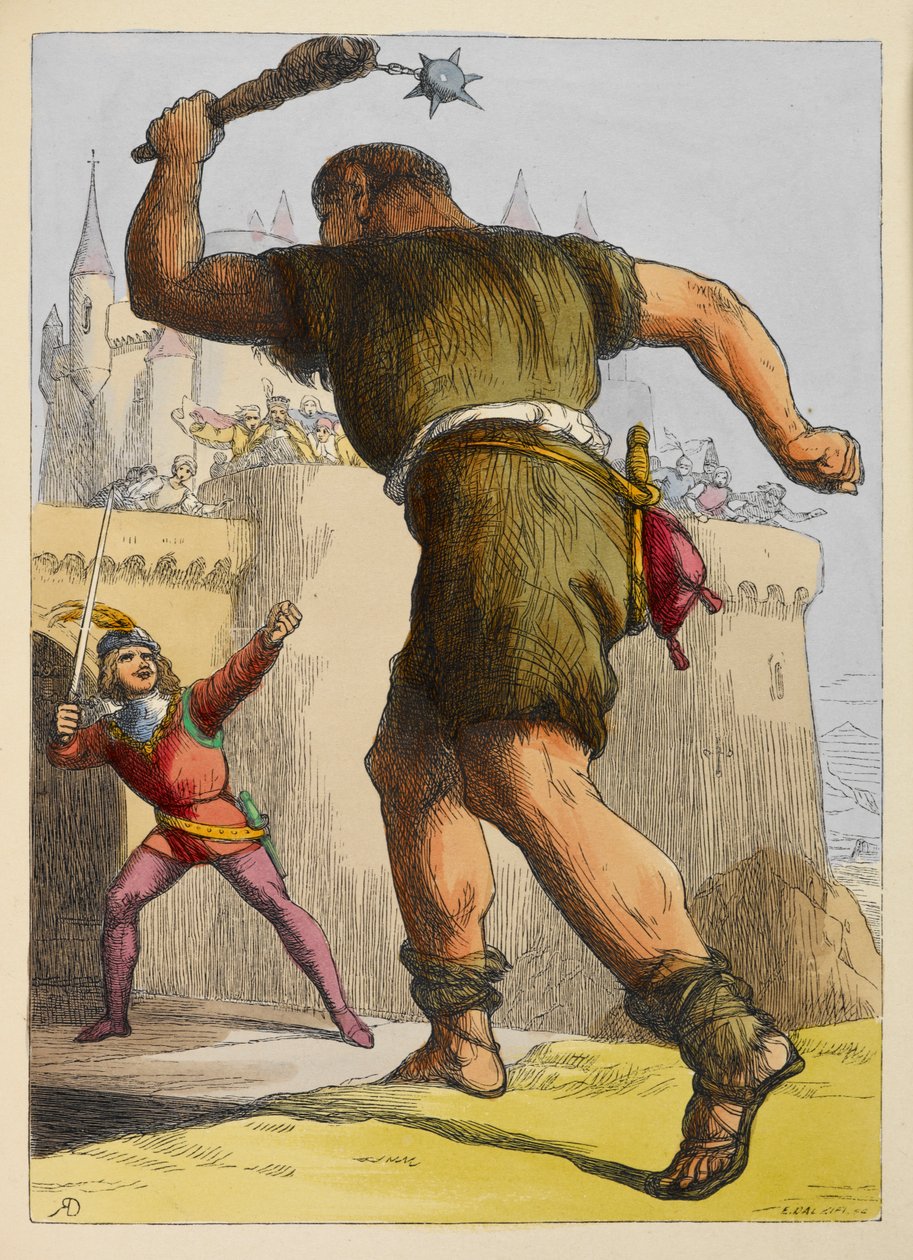 Jack pronto a lutar contra um gigante fora de um castelo. Ilustração a cores num livro infantil. de Richard Doyle