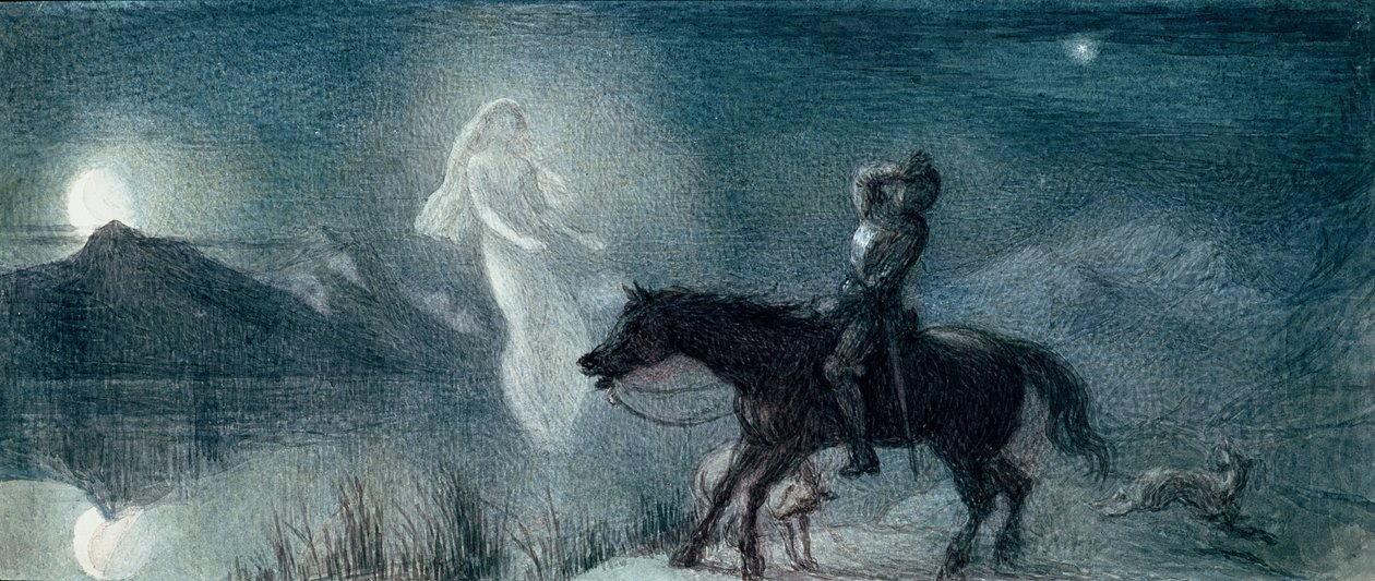O Cavaleiro e o Espectro, inédito (aguarela sobre papel) de Richard Doyle