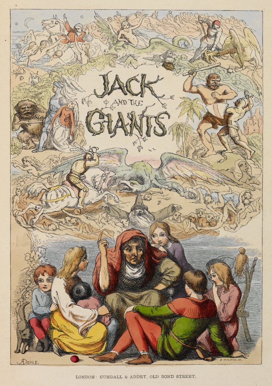 página de título ilustrada mostrando uma pessoa idosa a contar histórias a crianças. de Richard Doyle