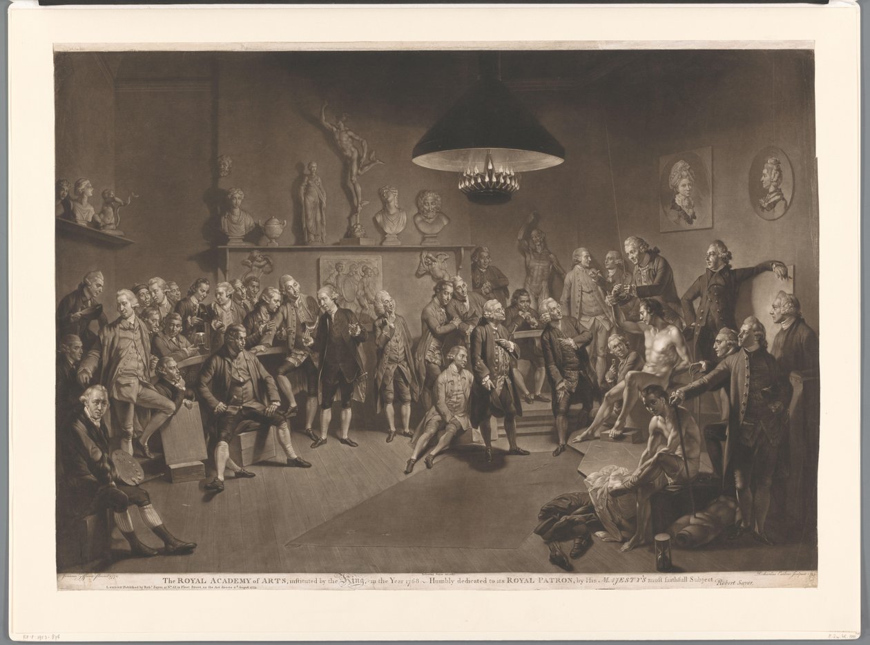 Membros da Royal Academy em um interior com um modelo masculino nu, 1768 A Royal Academy of Arts, instituída pelo Rei, no ano de 1768 (título no objeto) de Richard Earlom